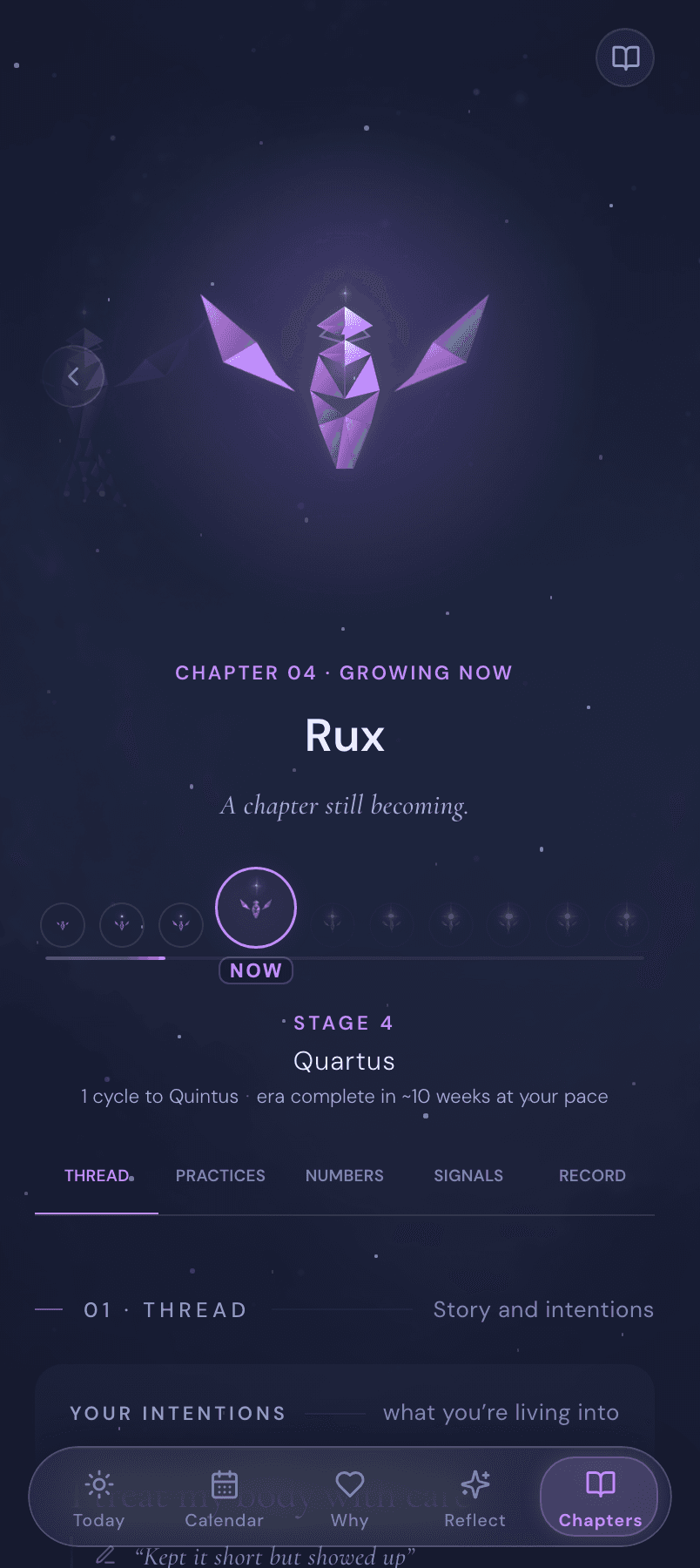 The Growth screen: the phoenix Rux in chapter 4, growing now