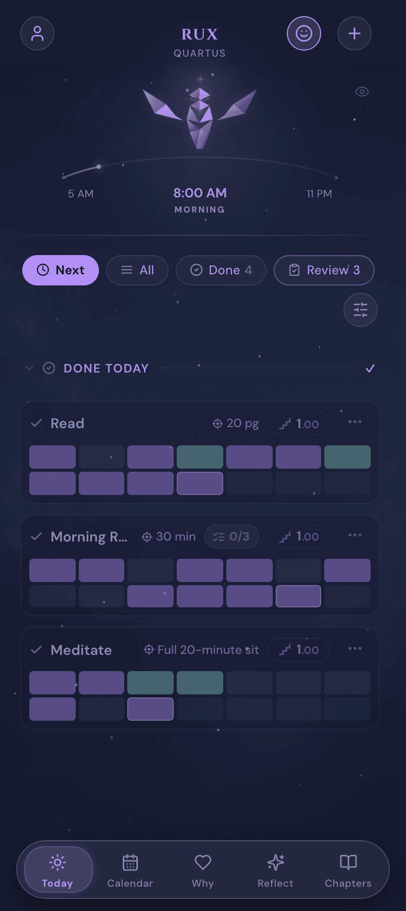 The Today screen: the phoenix above the day's habits and their recent history